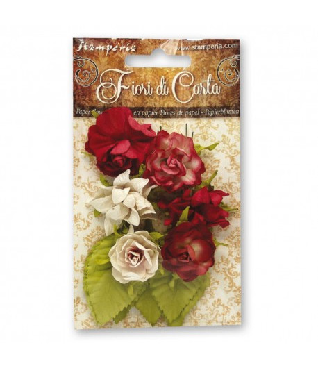 STAMPERIA  Bouquet 6 roselline rosse e foglie