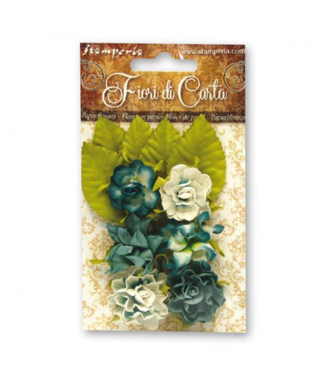 STAMPERIA  Bouquet 6 roselline azzurre e foglie