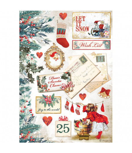 STAMPERIA Foglio carta di riso A4 - ROMANTIC CHRISTMAS LET IT SNOW (cartoline)